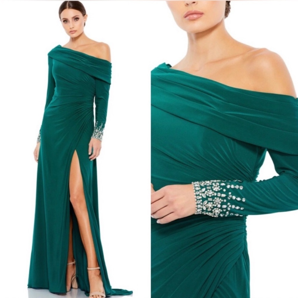Mac Duggal Beaded Cuff Drop Shoulder Faux Wrap Gown (Women’s 10 - NWT)